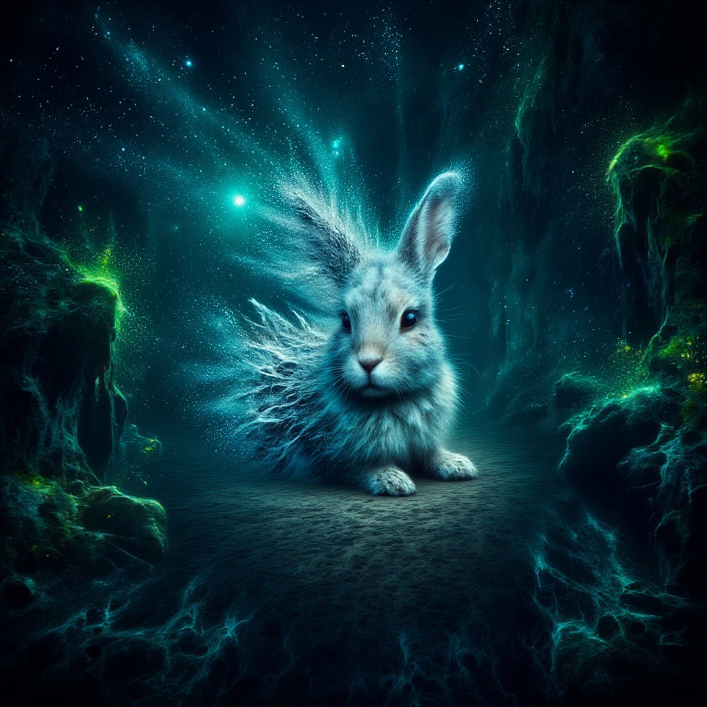 An image of a dystopian jungle at night in Blade Runner style with neon fluorescent dust, a cyberpunk rabbit with reflective skin sits directly centre of image slowly dissolving into space, ral-dissolve.