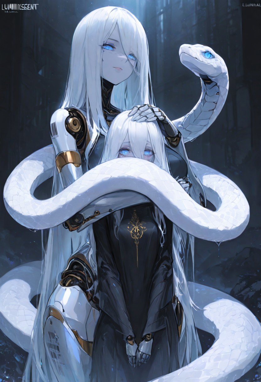 masterpiece, best quality, good quality, very awa, very aesthetic, absurdres, newest, 
Cinematic Lighting, (sexy, slutty, hot, aroused), 
Automaton, colored skin, robot girl, robot joints, white hair, blue eyes, long hair, metal_skin, barcode,
giant snake, girdle, long hair, oversized animal, snake, looking_at_viewer, Epic,Great,Motherly,sacred, Petting the snake head, luminescent scales, white scales,
