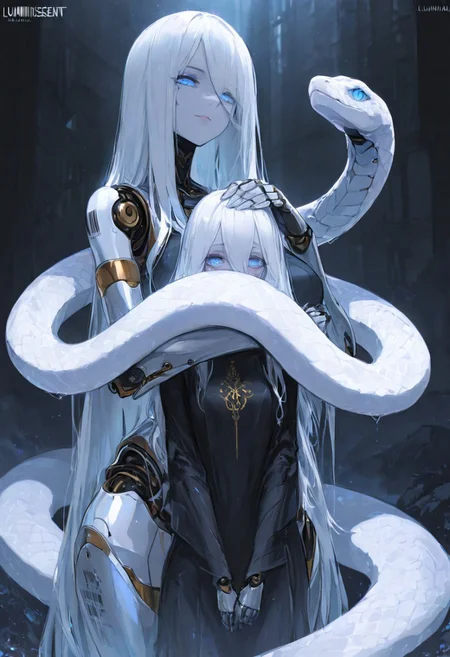masterpiece, best quality, good quality, very awa, very aesthetic, absurdres, newest, 
Cinematic Lighting, (sexy, slutty, hot, aroused), 
Automaton, colored skin, robot girl, robot joints, white hair, blue eyes, long hair, metal_skin, barcode,
giant snake, girdle, long hair, oversized animal, snake, looking_at_viewer, Epic,Great,Motherly,sacred, Petting the snake head, luminescent scales, white scales,