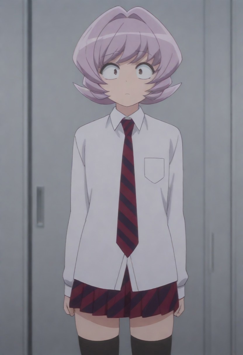 masterpiece, best quality, amazing quality,,, shiny skin,,,,,<lora:Osana_Najimi_cnn:0.8> osananajimicnn,,short hair, brown eyes,androgynous, light purple hair, school uniform, white shirt, striped necktie,striped skirt, pleated skirt,black thighhighs,