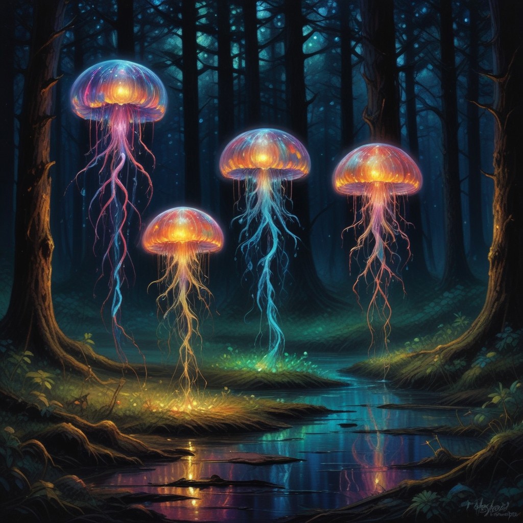 holographic translucent biolumiscent jellyfish on forest ground,alcohol ink and fluid thick oil,hyperrealistic,perfect mixed styles with amazing depth,iridescent complementary colors,dramatic flickering back light,surreal hypercreative masterwork by head of prompt engineering