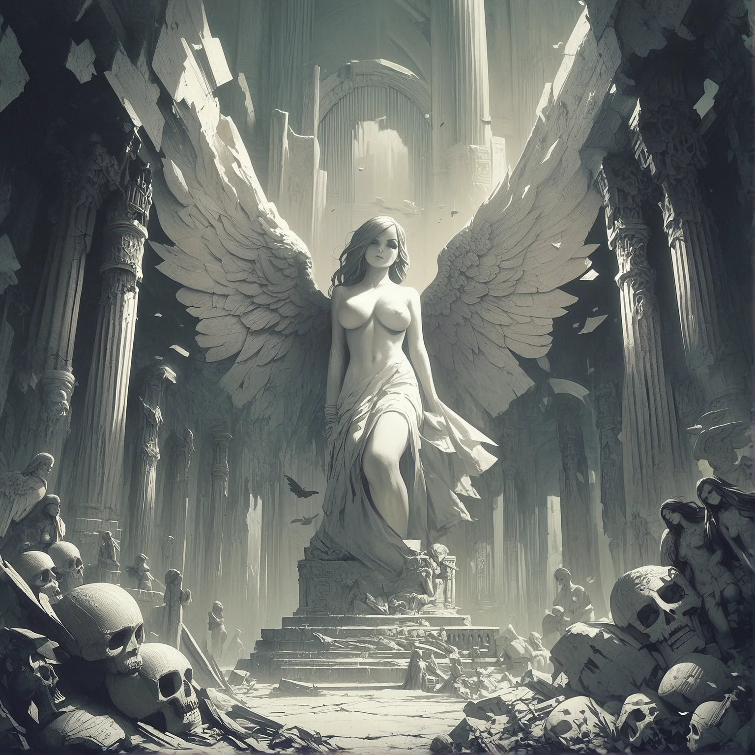 score_9_up, score_8_up, score_7_up, score_6_up, score_5_up, gothic, digital illustration, flat colors, line art, heavy film grain, fallen angel statue, woman, pretty, large bare breasts, marble, broken wings, skeletons, ancient ruins, vast barren landscape, dark atmosphere, eerie