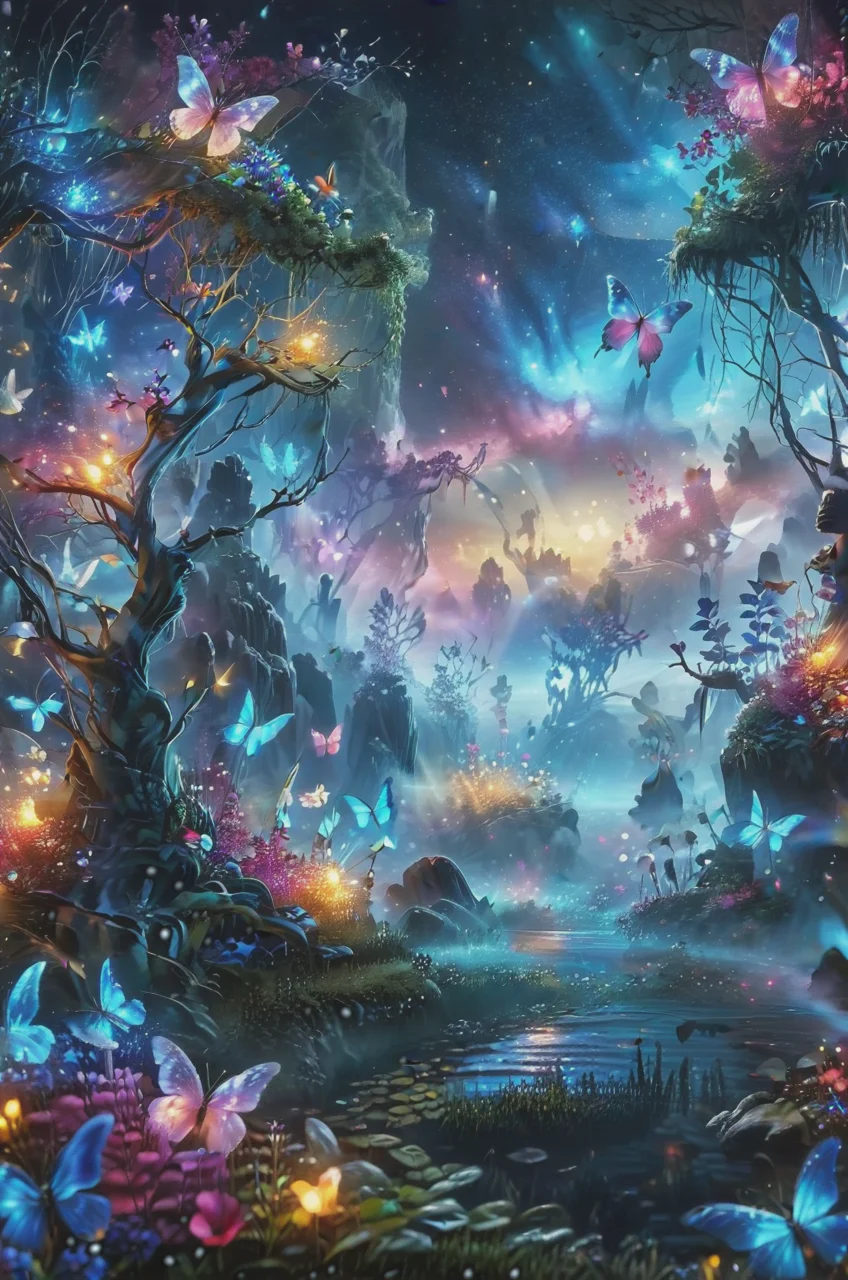 ultra realistic highly very detailed fantasy meadow, trees, grass, very realistic highly very detailed sea of colorful flowers ultra very realistic extremely highly detailed (crystal clear lake:1.6),ultra sharp focus, ultra realistic extremely detailed (colorful butterflies:0.9), ultra realistic extremely very detailed (scenery:1.2), ultra-detailed, (by exquisite colors block),masterpiece,best quality,unreal engine 5 rendering, movie light,movie lens,movie special effects,detailed details,HDR,UHD,32K,CG wallpaper,intricate details (colorful particles:0.8) (colorful flowers:1.4), cinematic angle, magical look, fantasy setting, soft ray of light, glitter background, <lora:add-detail-xl:2.8> , cinematic light, digital painting, hyper realistic, photo realistic, high quality textures, vivid colors, <lora:NightScapes_XL:1> NightScapes<lora:sdxl_lightning_8step_lora:0.7> <lora:ral-mtclniscp-sdxl:0.9>ral-mtclniscp