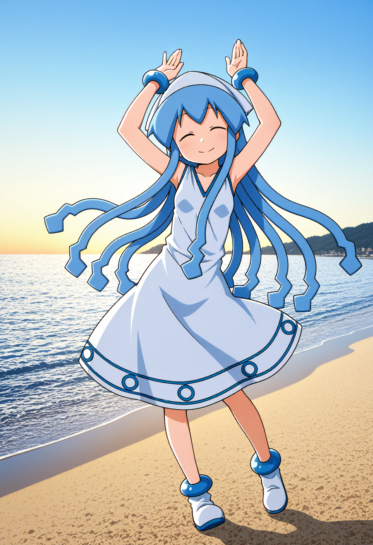 1girl, solo, <lora:ikmsm_illustrious_v7:1> ikmsm, ikamusume, white headwear, white dress, sleeveless, white footwear, bracelet, sidelocks,
<lora:Caramelldansen_Pony:0.6> caramelldansen, arms up, arched back, smile, full body, beach, sky, facing viewer, 
general, masterpiece, best quality, very aesthetic, absurdres, anime coloring,, <lora:dmd2_sdxl_4step:1>