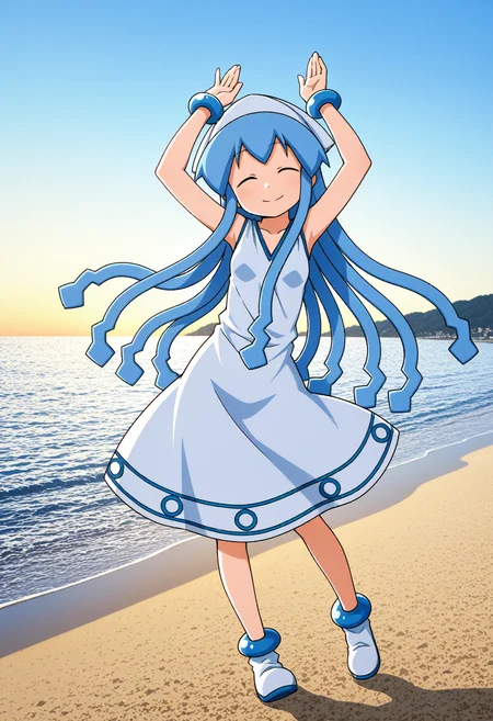 1girl, solo, <lora:ikmsm_illustrious_v7:1> ikmsm, ikamusume, white headwear, white dress, sleeveless, white footwear, bracelet, sidelocks,
<lora:Caramelldansen_Pony:0.6> caramelldansen, arms up, arched back, smile, full body, beach, sky, facing viewer, 
general, masterpiece, best quality, very aesthetic, absurdres, anime coloring,, <lora:dmd2_sdxl_4step:1>