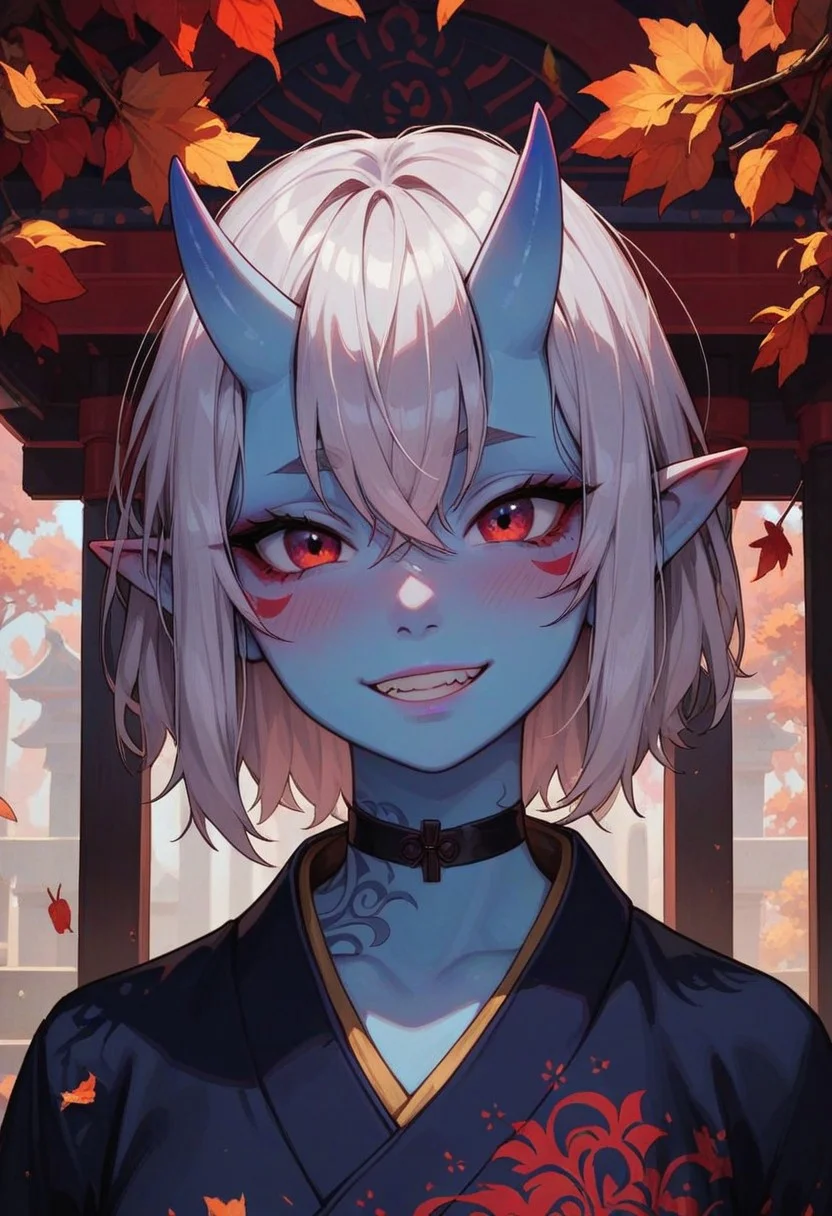 score_9, score_8_up, score_7_up, score_6_up,
1girl, 25 years old, perfect face, cute, petite,
red eyes, close view,
white hair, short hair, messy hair, crossed bangs, hair between eye, pointy ears, black choker,
blue skin, oni, blue oni, facial tattoo,
kimono, tattoos, Japanese architecture, temple, autumn,
blush, shy smile,
portrait, face focus, detailed face,