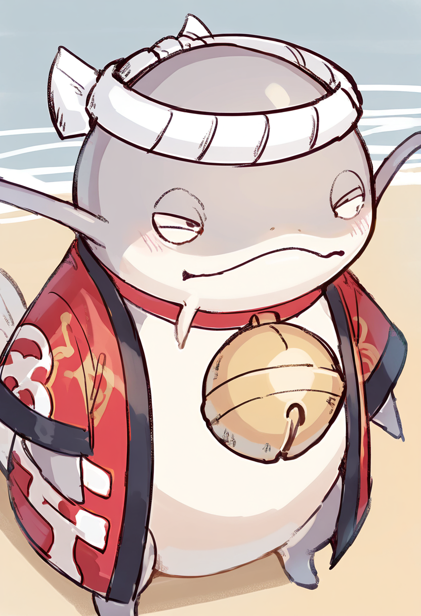 artist:, outdoors,beach,1other,namazu,collar,bell,hachimaki,happi,squinting<lora:namazuIL4:1> masterpiece, best quality, good quality, newest, very awa, absurdres, highres,  <lora:spo_sdxl_10ep_4k-data_lora_webui:0.7>,