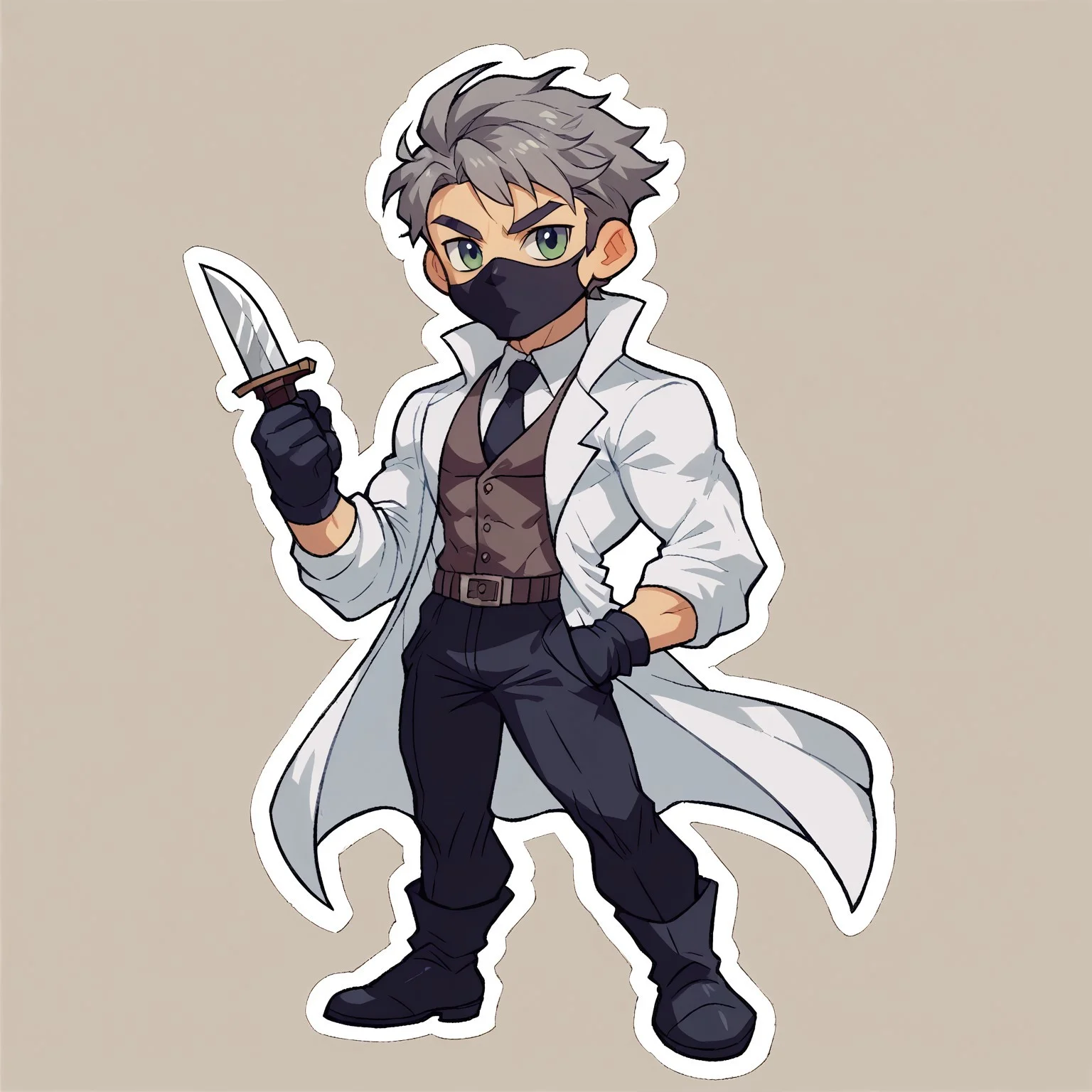 8k, score_9, score_8_up, score_7_up, Chibi, Chibi Body, Chibi Art Style, full body portrait, masterpiece, outline, transparent background, 1boy, muscular twink, broad shoulders, slim waist, lean, big biceps, young, handsome, cute face, goggles, black mask, vest
grey hair, long white labcoat, black pants, long black gloves, evil scientist, holding knife,
Stickers, Sticker, dynamic pose
