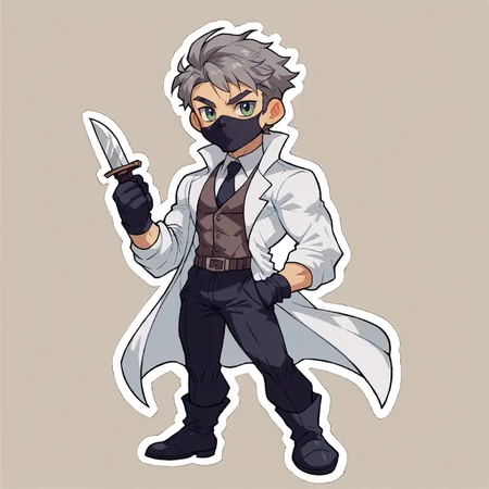 8k, score_9, score_8_up, score_7_up, Chibi, Chibi Body, Chibi Art Style, full body portrait, masterpiece, outline, transparent background, 1boy, muscular twink, broad shoulders, slim waist, lean, big biceps, young, handsome, cute face, goggles, black mask, vest
grey hair, long white labcoat, black pants, long black gloves, evil scientist, holding knife,
Stickers, Sticker, dynamic pose