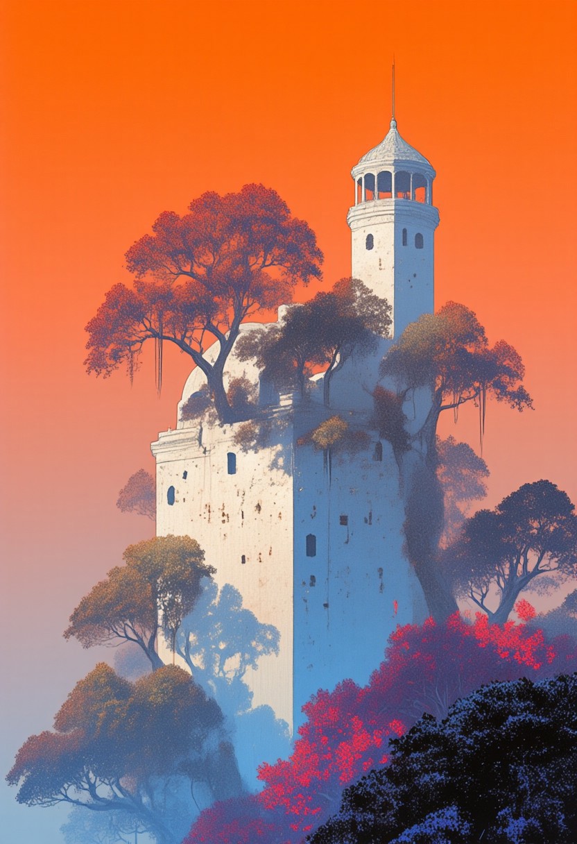 concrete structure, smooth, orange hue , neon smoke, simple style