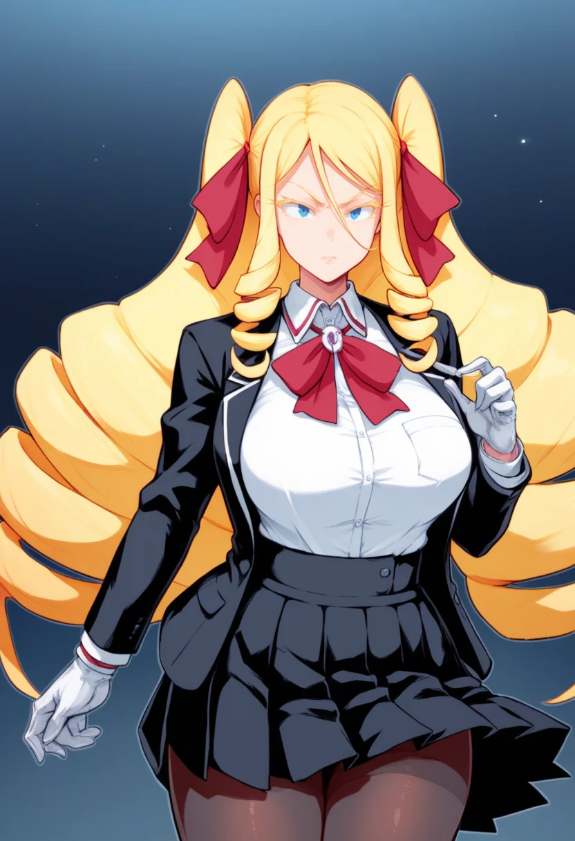 score_9, score_8_up, score_7_up, source_anime BREAK 1girl, solo, <lora:nanakovonmeinsfelt-jkt-richy-v1_pdxl:1> nanako, blue eyes, blonde hair, drill hair, long hair, large breasts, red bowtie, hair ribbon, red ribbon, school uniform, black blazer, white shirt, collared shirt, pleated skirt, black skirt, white gloves, pantyhose, wide hips, underbust