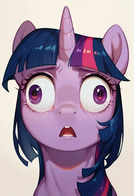 score_9, score_8_up, score_7_up, score_6_up, score_5_up, source_furry, source_furry, 1girl, pony, feral, MarcilleWalleyed,Derpface,open mouth, Wall eyed, , Purple Skin, Purple Eyes, Twilight Sparkle_(mlp)