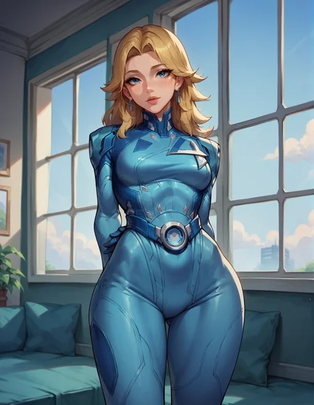 1girl, blonde, looking at the viewer, suit2, sky background, window, indoors, wide hips, blue bodysuit, hand behind the back, frontal <lora:Invisible_Woman_-_Marvel_Rivals:0.8> sue_storm, score_9, score_8_up, score_7_up, score_6_up, 2d, digital art, masterpiece <lora:Expressive_H:0.4> expressiveh <lora:princess_xl_v2:0.3> <lora:g0th1c2XLP:0.3> g0th1c