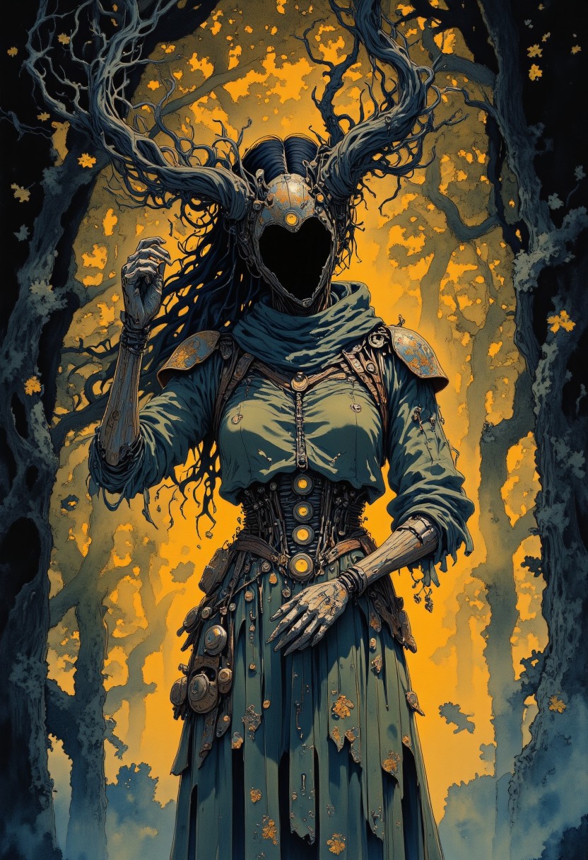 Studio Ghibli Dark Fairytale, intricate cyborg, Portrait of a female robotic entity with long, flowing hair made of twisted, gnarled branches, black hollow eerie head, no face, dark moody, eerie forest background, autumnal decay, golden leaves floating in the air,  
gothic steampunk influences, organic-mechanical fusion, glowing runes embedded in her wooden frame, delicate but unsettling presence, oil painting textures, cinematic lighting, deep shadows, warm but melancholic glow, mystery and sorrow intertwined