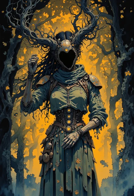 Studio Ghibli Dark Fairytale, intricate cyborg, Portrait of a female robotic entity with long, flowing hair made of twisted, gnarled branches, black hollow eerie head, no face, dark moody, eerie forest background, autumnal decay, golden leaves floating in the air,  
gothic steampunk influences, organic-mechanical fusion, glowing runes embedded in her wooden frame, delicate but unsettling presence, oil painting textures, cinematic lighting, deep shadows, warm but melancholic glow, mystery and sorrow intertwined