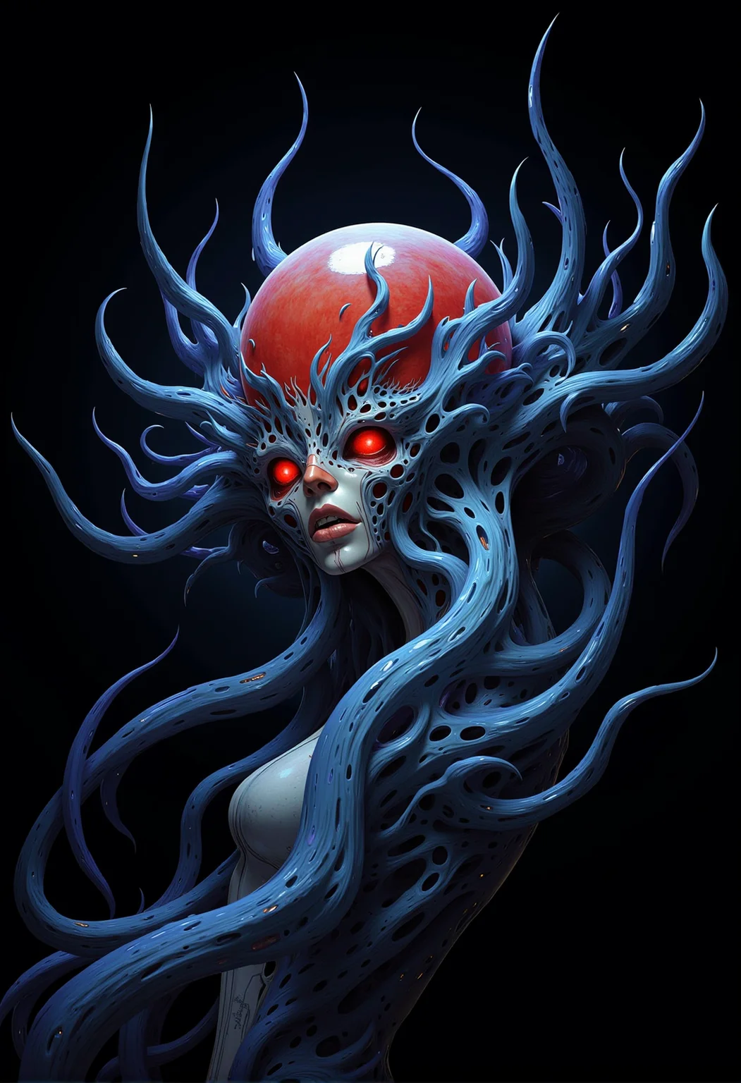 bv-mychorwo, mycelium, horror,. A surreal fungal entity resembling a monstrous creature with glowing mycelium tendrils, set against a dimly lit underground fungal cave, depicted with iridescent highlights, inspired by fantasy horror themes , <lora:bv-mycelium-horror-world-v1.safetensors:1.0:1.0>