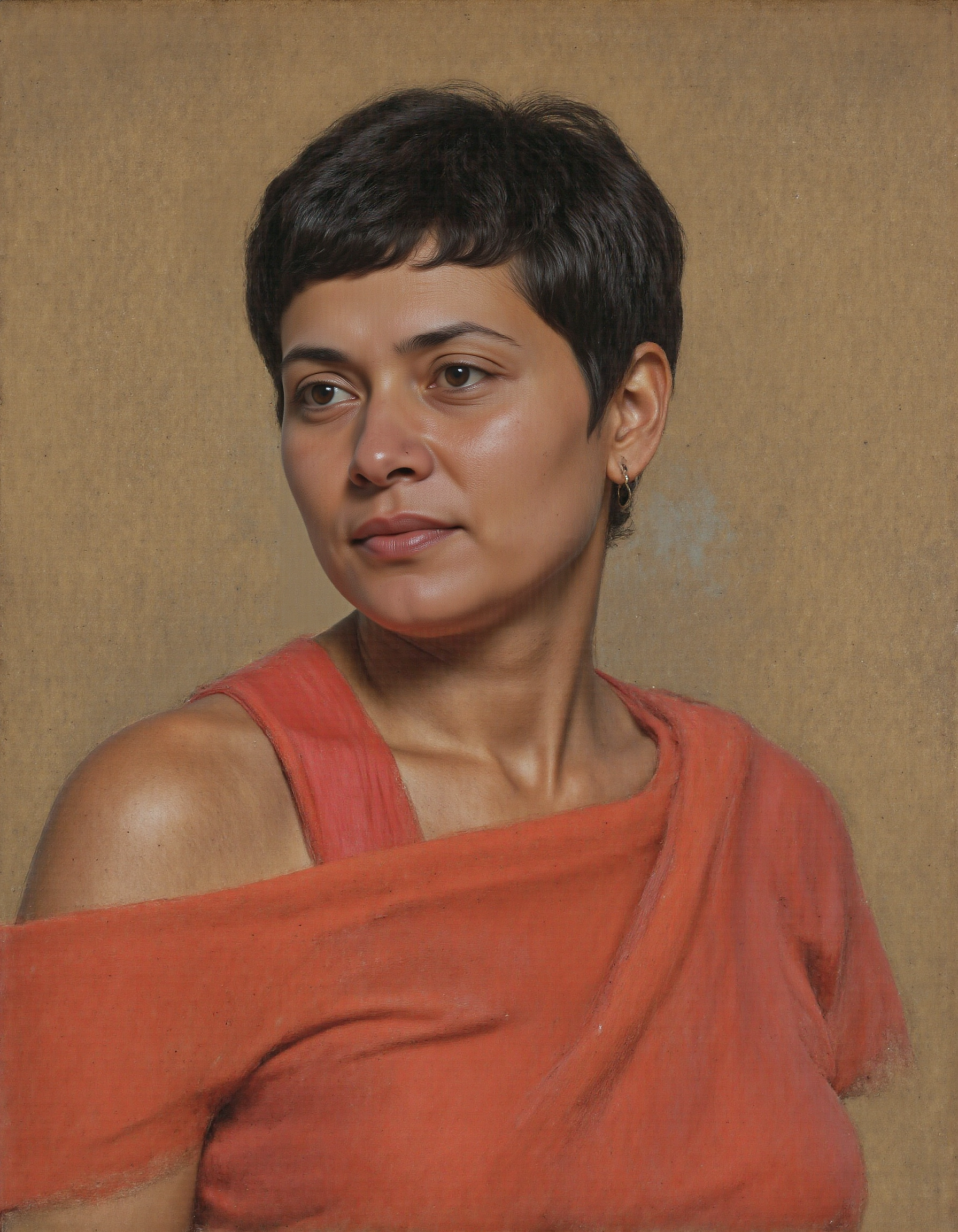 <lora:rerikh:1>, This image is a digital photograph of an oil painting midbody portrait of mature indian black pixiecut hair woman, <lora:new:1>
