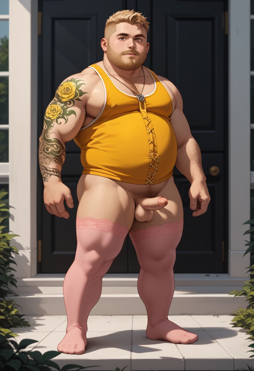 score_9, score_8_up, score_7_up, score_6_up, score_5_up, score_4_up, 1boy, male focus, masculine, a chubby guy posing, belly, full body pose, green tattoo, lots of tattoos, singlet, long pink stockings, lace, elaborate yellow harness, yellow skin, very tiny penis, tiny testicles, outdoor