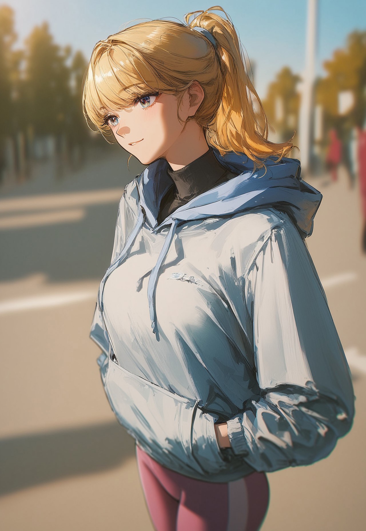 Score_9, score_8_up, score_7_up, score_6_up, score_5_up, score_4_up, 
((Best Quality)) (masterpiece) (details), shiny skin, 1girl, 
High ponytail, blonde hair, hoodie, leggings, outdoors, mature female, beautiful detailed face and eyes, cute face, bangs long bangs, sport wear, Art8st, color theory, medium length face framing layers with bangs, tight clothes, depth of field,