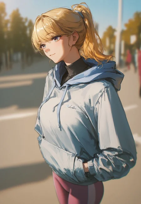 Score_9, score_8_up, score_7_up, score_6_up, score_5_up, score_4_up,
((Best Quality)) (masterpiece) (details), shiny skin, 1girl,
High ponytail, blonde hair, hoodie, leggings, outdoors, mature female, beautiful detailed face and eyes, cute face, bangs long bangs, sport wear, Art8st, color theory, medium length face framing layers with bangs, tight clothes, depth of field,