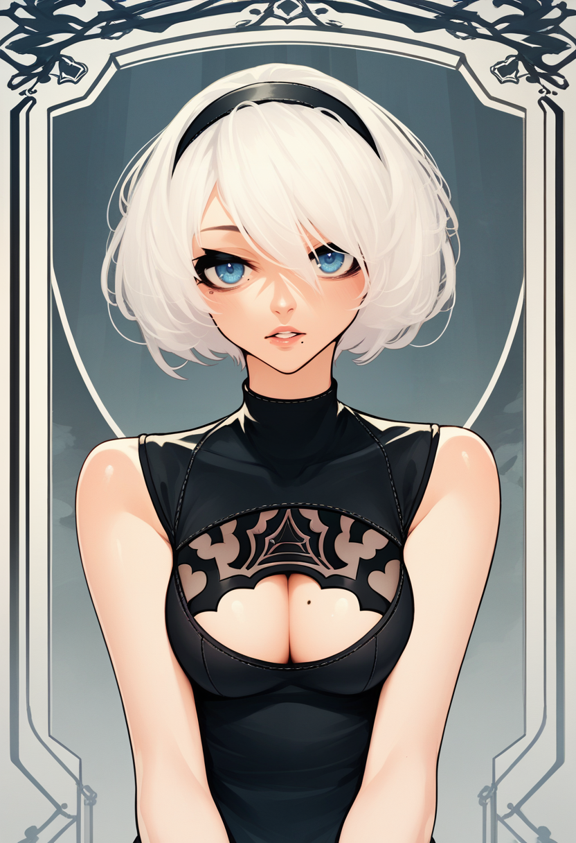 score_9, score_8_up, score_7_up, source_anime BREAK 1girl, solo, <lora:sachiko-artist-richy-v1_pdxl:1> white hair, 2b \(nier:automata\), blue eyes, parted lips, cleavage cutout, gloves, mole under mouth, black dress, hairband