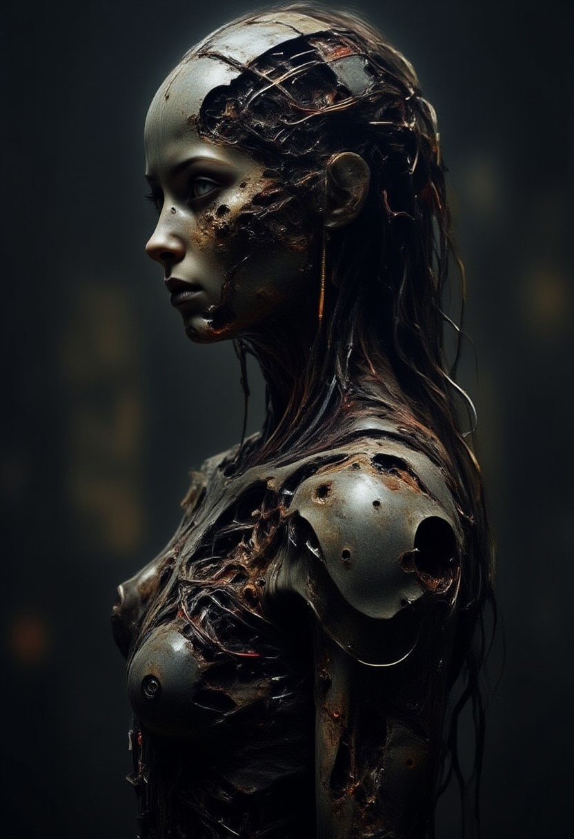 DarkAtmosCE style,
wired-female-cyborg Made intricate mechanical parts and wires | decaying flesh reconstructing in cyborg form | high-contrast palette, highly detailed, cinematic quality, modern art, timeless feeling || 
[
Rotting flesh in slow decay,
Flies and maggots find their way,
Balance of life in disarray,
Once a vessel of life,
Now holds the fading night,
Shattered dreams in endless flight,
Colors gone from dark to light,
Maggots swarm in sad parade,
Round the flesh where light has strayed,
Echoes of what once was made,
In the vessel where life decayed,
At the darkside of the moon,
In fact it is all dark]