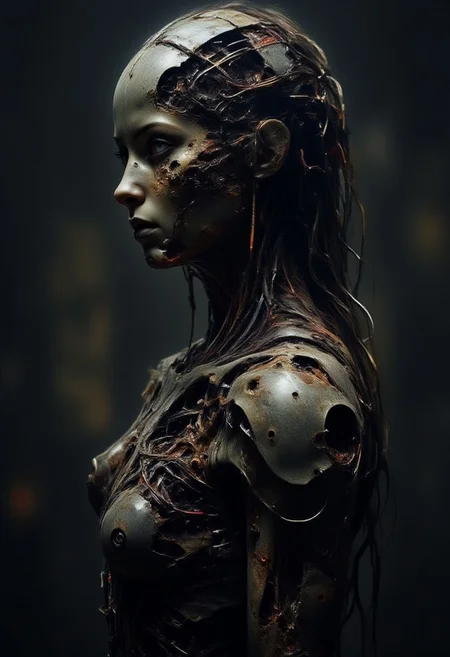 DarkAtmosCE style,
wired-female-cyborg Made intricate mechanical parts and wires | decaying flesh reconstructing in cyborg form | high-contrast palette, highly detailed, cinematic quality, modern art, timeless feeling || 
[
Rotting flesh in slow decay,
Flies and maggots find their way,
Balance of life in disarray,
Once a vessel of life,
Now holds the fading night,
Shattered dreams in endless flight,
Colors gone from dark to light,
Maggots swarm in sad parade,
Round the flesh where light has strayed,
Echoes of what once was made,
In the vessel where life decayed,
At the darkside of the moon,
In fact it is all dark]
