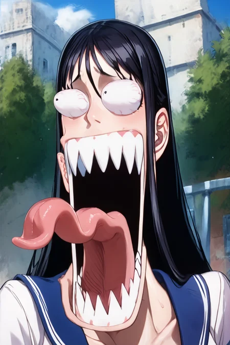 score_9, score_8_up, score_7_up, score_6_up, score_5_up, score_4_up, <lora:Misa_Suzuhara_Pony:0.8> , misa suzuhara, long hair, black hair, very long hair, hair between eyes, perky breast, school uniform, serafuku, 1girl, alone, masterpiece, highres, highly detailed face, <lora:onepiece_funny_face:1.2>,  one_piece_funny_face, eye pop, snot, sharp teeth, eyes vein lines, open mouth, tongue out, long tongue
