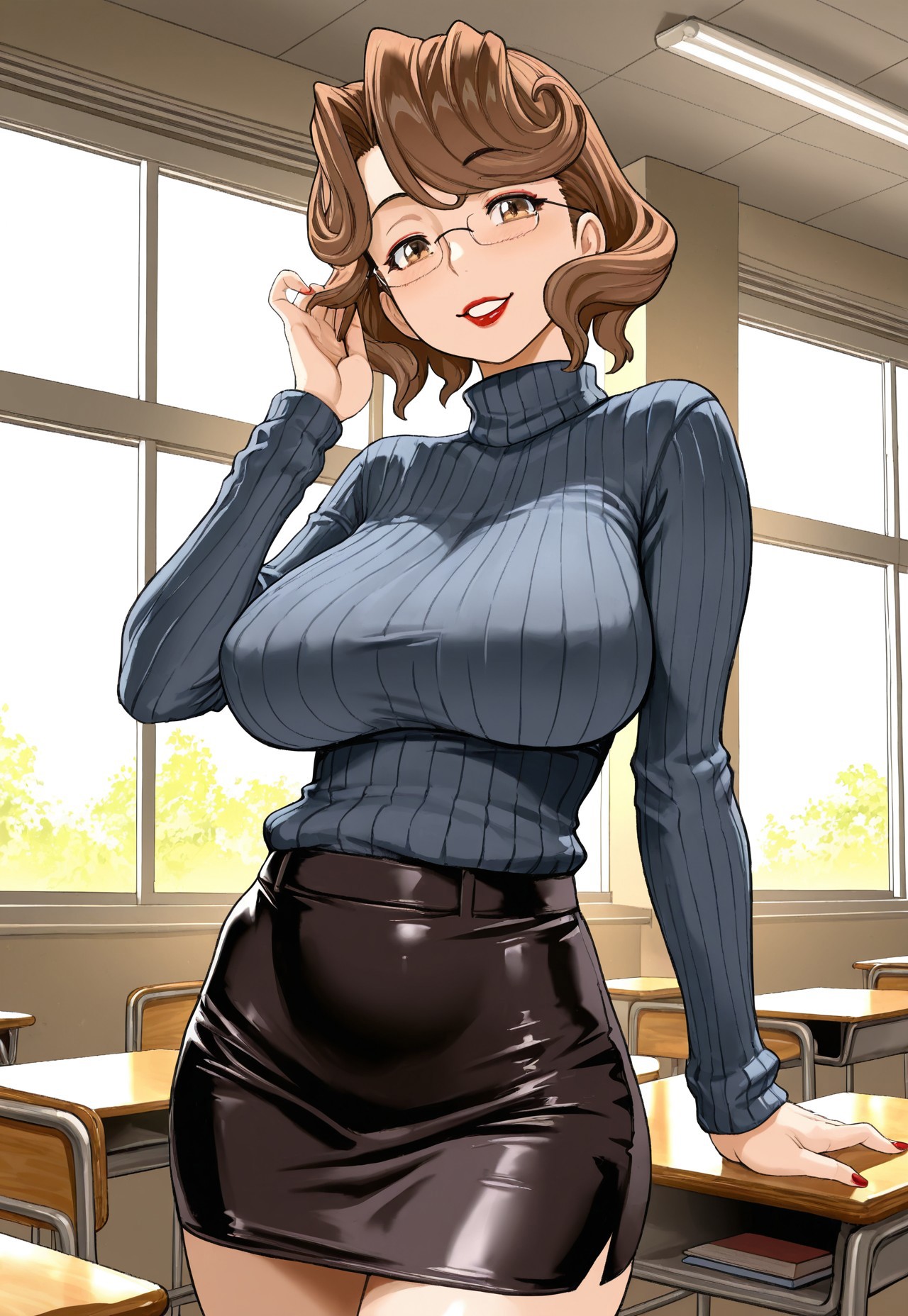 KandaMariaSensei, short hair, brown hair, glasses, mature female, smile, anime style, parted lips, school desk, window, 
blue-gray sweater, ribbed sweater, turtleneck, pencil skirt, hand in own hair, lip, makeup, standing, masterpiece, best quality, absurdres, amazing quality, masterpiece, smile, 