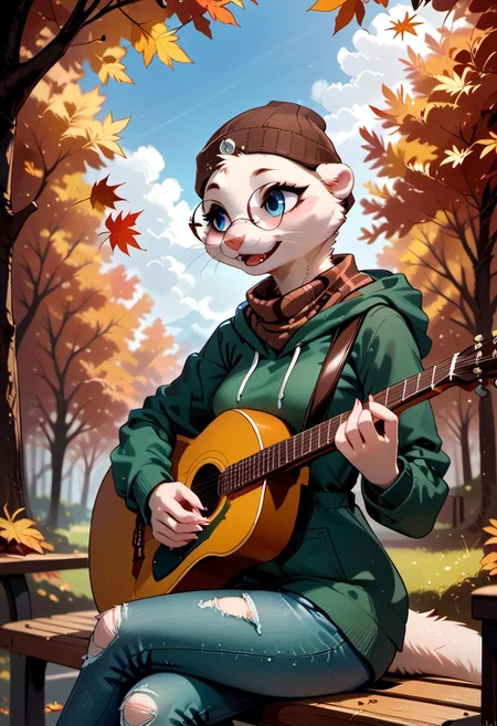 score_9, score_8_up, score_7_up, highres, high quality, perfection, masterpiece,
BREAK 
1girl, (solo: 2.0), girl alone, side view, portrait,
BREAK 
furry female, ferret girl, (anthro ferret girl: 1.2), beautiful girl, cute girl, adult, 20 years old, detailed body, shapely girl, (slim body: 1.2), petite body, detailed fur, (bald_girl: 1.2), (baldness: 2.0), detailed face, beautiful face, fangs, eyelashes, (blue eyes: 1.2), perfect eyes, detailed eyes, whiskers, medium breasts, detailed hands,
clothed, green hoodie, torn jeans, brown scarf, brown beanie, round glasses,
sitting on bench, crossed legs, soft smile, looking ahead, (acoustic_guitar: 1.2), (playing_instrument: 1.2), singing,
BREAK
outdoors, day, park, trees, autumn, autumn leaves, falling leaves,