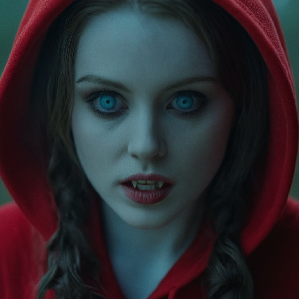 cinematic film still of  <lora:vampire style v2:0.9>
 <lora:celluloid film skintone color style:0.3>
Vampire pale skin undead creatures of the night a closeup of a little red vampire pale skin woman with a red hoodie on,1girl,solo,looking at viewer,blue eyes,brown hair,parted lips,hood,lips,letterboxed,portrait,hood up,freckles,realistic,red hood,cinematic,filmic,realistic,movie still,horror themed,vampire style , detailed, detailed background, detailed scene, detailed teeth, detailed fangs
 <lora:Little Red Riding Hood style:0.5>, shallow depth of field, vignette, highly detailed, high budget, bokeh, cinemascope, moody, epic, gorgeous, film grain, grainy