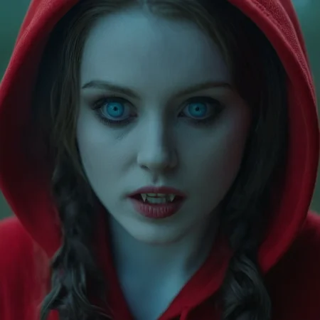 cinematic film still of <lora:vampire style v2:0.9>
<lora:celluloid film skintone color style:0.3>
Vampire pale skin undead creatures of the night a closeup of a little red vampire pale skin woman with a red hoodie on,1girl,solo,looking at viewer,blue eyes,brown hair,parted lips,hood,lips,letterboxed,portrait,hood up,freckles,realistic,red hood,cinematic,filmic,realistic,movie still,horror themed,vampire style , detailed, detailed background, detailed scene, detailed teeth, detailed fangs
<lora:Little Red Riding Hood style:0.5>, shallow depth of field, vignette, highly detailed, high budget, bokeh, cinemascope, moody, epic, gorgeous, film grain, grainy