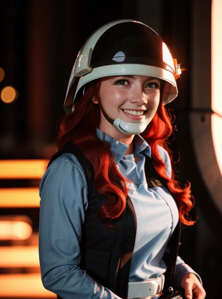1woman, red hair woman in rebel trooper uniform <lora:rebeltrooperv01:1> smiling, RAW photo, 8k uhd, dslr, soft lighting, high quality, film grain, Fujifilm XT3