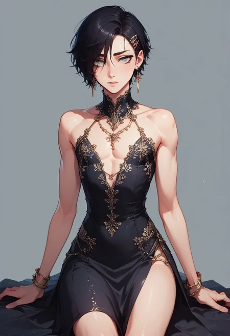 score_9, score_8_up, score_7_up, 1boy, femboy, otoko no ko, short hair, bob cut hair, black hair, grey eyes, gray eyes, feminine face, toned body, Shelly,
lace ball gown, embroidered cutouts, earrings, bracelets, ornate hairclip,
highly detailed, intricate, zzCitronCAT, curtsey, modelshoot, complex background