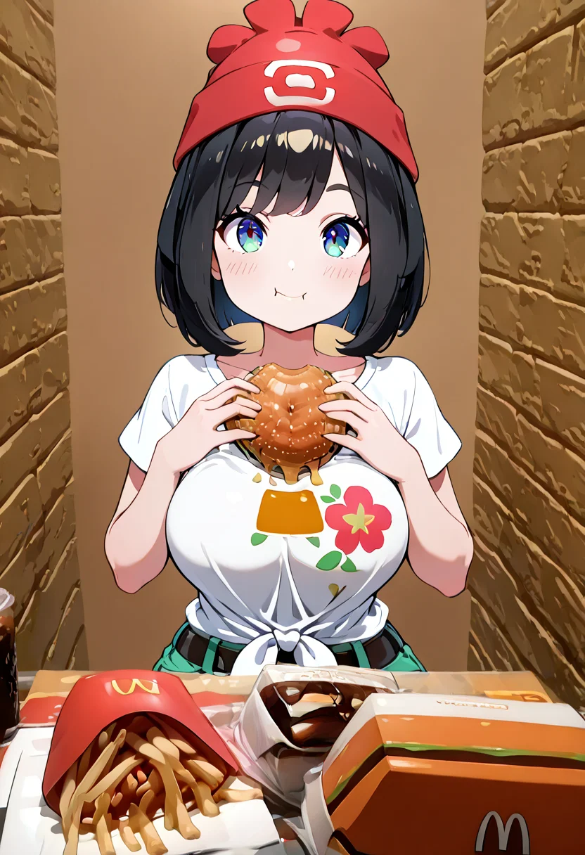 masterpiece, best quality, curvy, beautiful eyes, 1girl, solo, smile, looking at viewer, McD4t3, eating, holding food, food on face, burger, french fries, ketchup, ,<lora:McDate_with_2D_Waifu_IXL:1.0>, BREAK, zzSelene, 1girl, solo, black hair, green shorts, red headwear, beanie, shirt, tied shirt, floral print, short hair, short sleeves, short shorts, striped, white shirt, belt, <lora:SeleneIXL:1.0>,