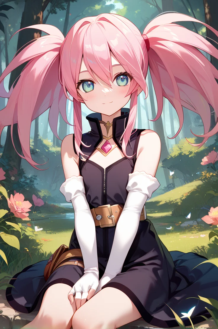 score_9, score_8_up, score_7_up, very aesthetic, source_anime, detailed,
forest,
sitting, cowboy shot,
blush, light smile,
flat chest, petite female, 1girl,
<lora:presea_v01:1>preseaBase, pink hair, sidelocks, twintails, chest jewel,
black dress, sleeveless, belt, elbow gloves, fingerless gloves, high collar, grey boots,, zPDXL