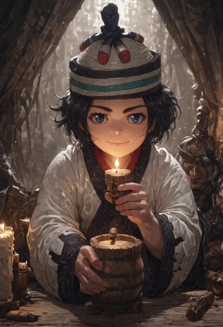 score_9, score_8_up, score_7_up,
enonoka, blue eyes, short hair, black hair, ainu clothes, ainu hat, in a tent, shiny skin, wet skin, leaning forward, cleavage, small breasts, eye contact, long hair, light smile, moody lighting, standing and holding drinks, suggestive pose, bottles, dim lighting, candle light, medieval fantasy, perfect quality, high quality, photorealistic, sitting BREAK dark and orange hue, (abstract:0.2)