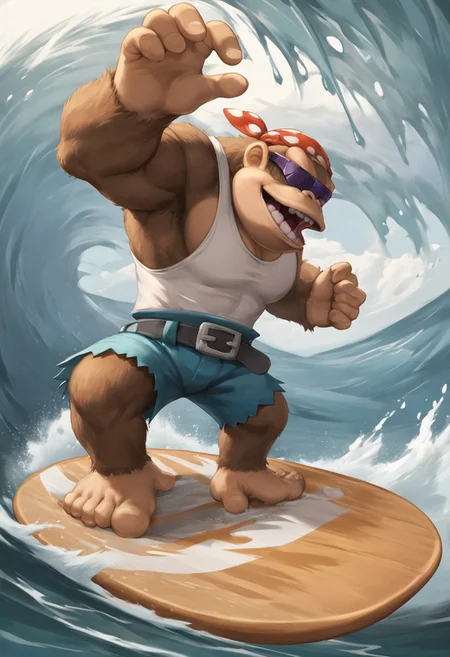 SFW, rating_all, score_10, score_8_up, score_7_up, beautiful, realistic, detailed, perfect, quality, vector, flat colors, masterpiece, dynamic, dynamic pose, funky_kong, gorilla, brown fur, furry arm, furry legs, five fingers, four toes, white tank top, belt, denim shorts, insane detailed, (dynamic pose), (extreme angle), incrssurfing, surfing, (surfboard:0.8)