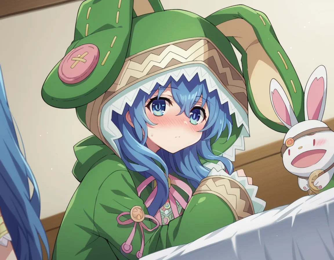 score_9, score_8_up, score_7_up, source_anime,
dalyoshino, <lora:dal-yoshino-s2-ponyxl-lora-nochekaiser:1>,
yoshino astral dress, long hair, blue eyes, ribbon, animal ears, hair between eyes, blue hair, hood, rabbit ears, coat, hood up, animal hood, rabbit hood, green coat,
indoors, bed, bed room, on side, blush, drunk,
looking at viewer, cowboy shot, dutch angle,