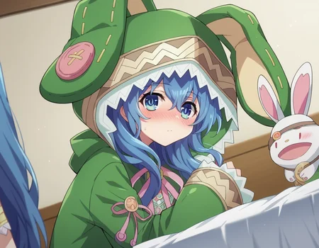 score_9, score_8_up, score_7_up, source_anime,
dalyoshino, <lora:dal-yoshino-s2-ponyxl-lora-nochekaiser:1>,
yoshino astral dress, long hair, blue eyes, ribbon, animal ears, hair between eyes, blue hair, hood, rabbit ears, coat, hood up, animal hood, rabbit hood, green coat,
indoors, bed, bed room, on side, blush, drunk,
looking at viewer, cowboy shot, dutch angle,
