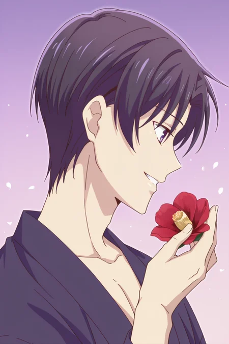 <lora:FruitsBasket:1>, FruitsBasket, 1boy, flower, male focus, solo, camellia, japanese clothes, smile, kimono, profile, purple hair, holding, upper body, black hair, red flower, collarbone, purple background, purple eyes, hand up, short hair, grin