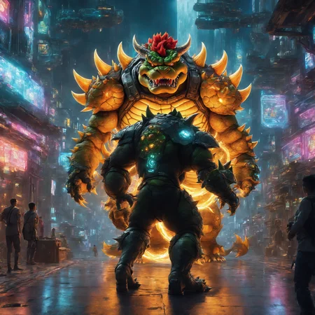 best quality, highly detailed,masterpiece,ultra-detailed,illustration,
Create a futuristic and cyberpunk world that embodies the essence of the art of science fiction. <lora:Bowserxl:1>, Bowser is walking through a magic portal, detailed, realistic, 8k UHD, high quality, lifelike, precise, vibrant, absurdres,