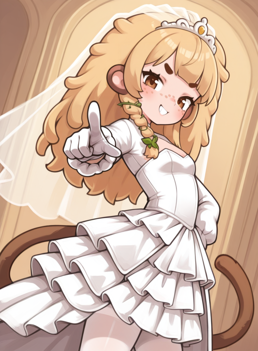 1girl, solo,  <lora:BananaJuju:0.8> bananajuju, blonde hair, brown eyes, freckles, monkey tail,
wedding dress, long sleeves, layered skirt, white pantyhose, veil, gloves, tiara, upper body, hand on own hip, perspective, pointing at viewer, dynamic angle, from side, assertive expression,
 <lora:qtkat:1> qtkat, extremely detailed, highres, masterpiece, best quality