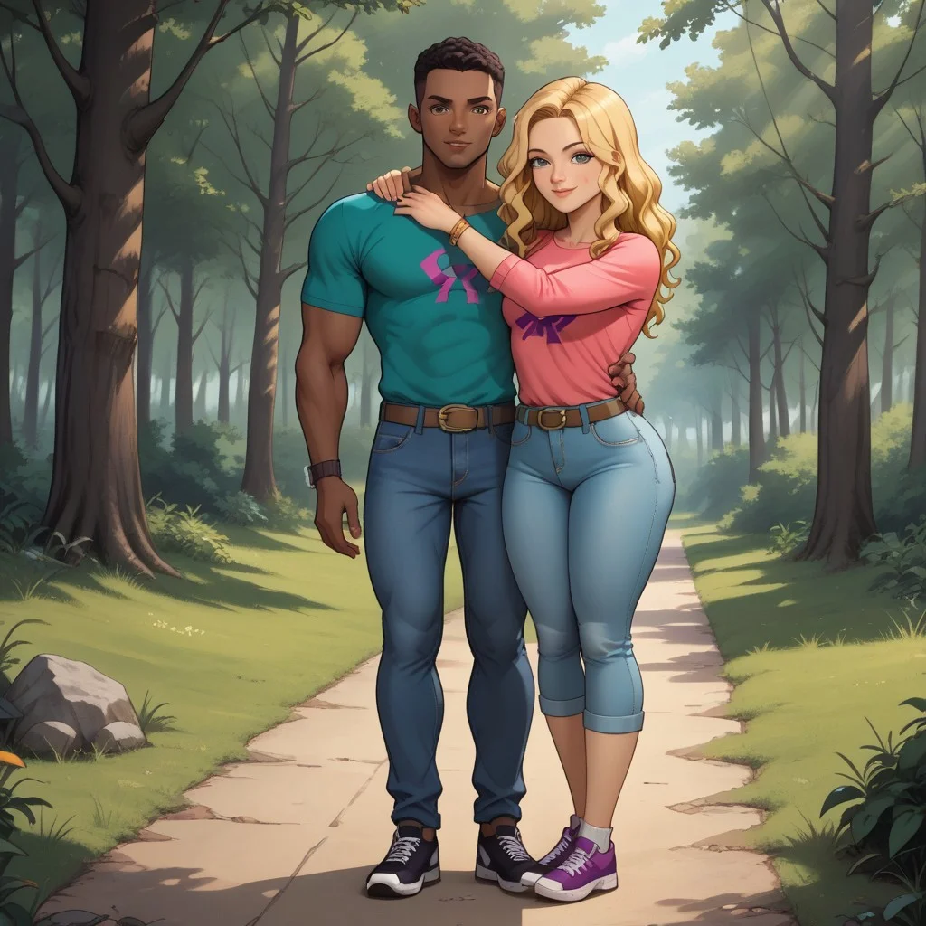 masterpiece, best quality, score_9, break. Caryan, (1boy, ryan, black, tall, muscular, muscular male, dark skin, dark skin male, pink shirt, purple weightlifting print, dark purple shorts, white socks, dark magenta sneakers), break, (1girl, carrie, blonde hair, wavy hair, teal shirt underneath, dark green sweater, bracelet, brown belt, light blue jeans, black shoes), hug, forest, natural lighting