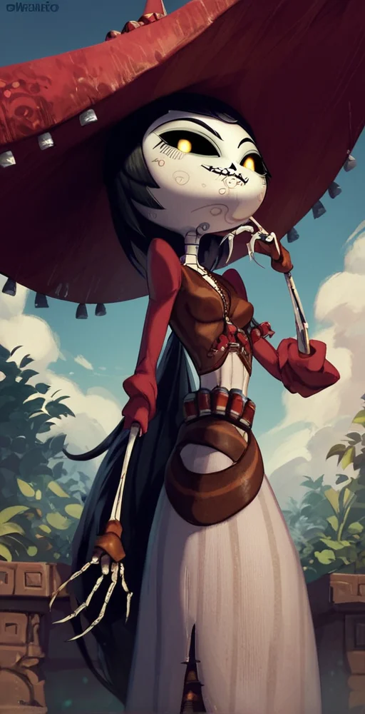 deadsanchez, score_9,score_8_up,score_7_up,score_6_up, solo, 1girl, hat, black hair, black hair, yellow eyes, colored sclera, black sclera, looking at viewer, smug, dynamic pose, <lora:Adelita_Sánchez_Pony_XL_Book_of_Life:1>