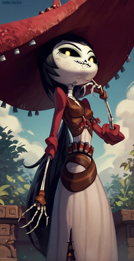 deadsanchez, score_9,score_8_up,score_7_up,score_6_up, solo, 1girl, hat, black hair, black hair, yellow eyes, colored sclera, black sclera, looking at viewer, smug, dynamic pose, <lora:Adelita_Sánchez_Pony_XL_Book_of_Life:1>
