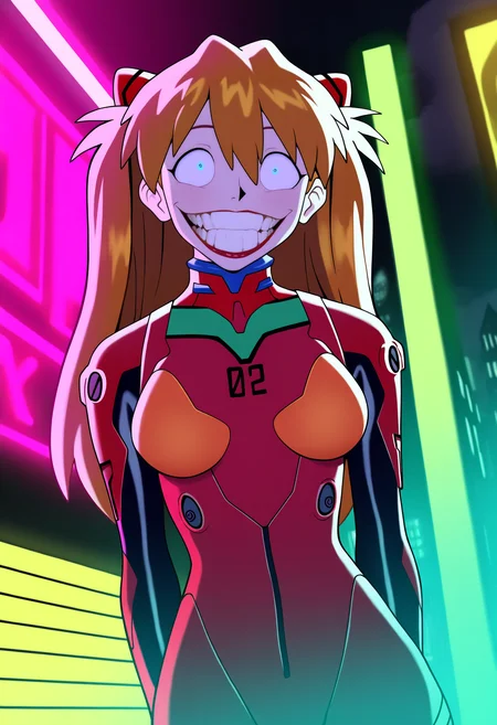 best quality, amazing quality, very aesthetic, absurdres,
jokerized, smile, grin, teeth, red lips, constricted pupils, crazy eyes,
1girl, asuka langley, red plugsuit, standing, smug, looking at viewer, futuristic background, neon light , buildings, night, <lora:JokerizedNoobXL_byKonan:1>