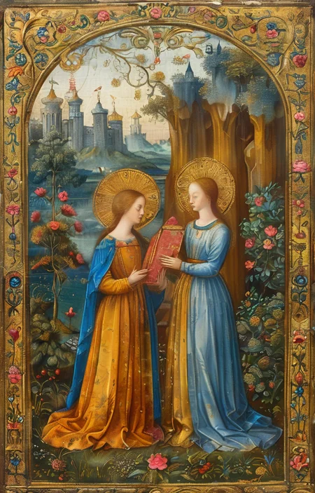 masterpiece,best quality,<lora:tbh294-sdxl:0.9>,illustration,style of Illuminated manuscript portrait of family