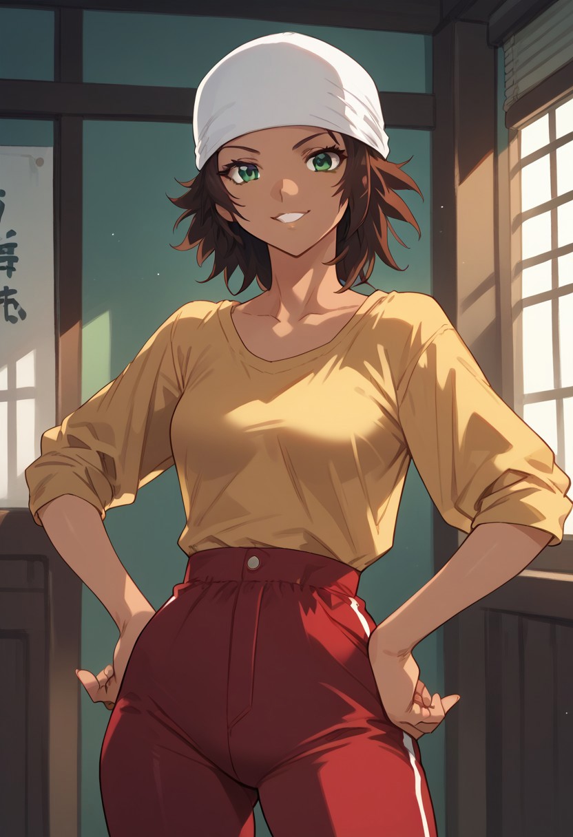 zPDXL3, score_9_up, score_8_up, score_7_up, (Anime_source), 1girl, NatsumiIriya, green eyes, brown hair, long hair, dark skinned female, Natsumi clothes, hands on hips, viewer, cowboy shot, looking at viewer, smile, parted lips