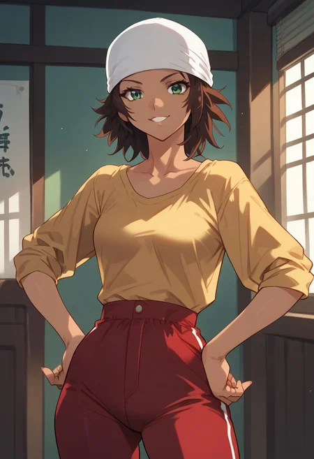 zPDXL3, score_9_up, score_8_up, score_7_up, (Anime_source), 1girl, NatsumiIriya, green eyes, brown hair, long hair, dark skinned female, Natsumi clothes, hands on hips, viewer, cowboy shot, looking at viewer, smile, parted lips